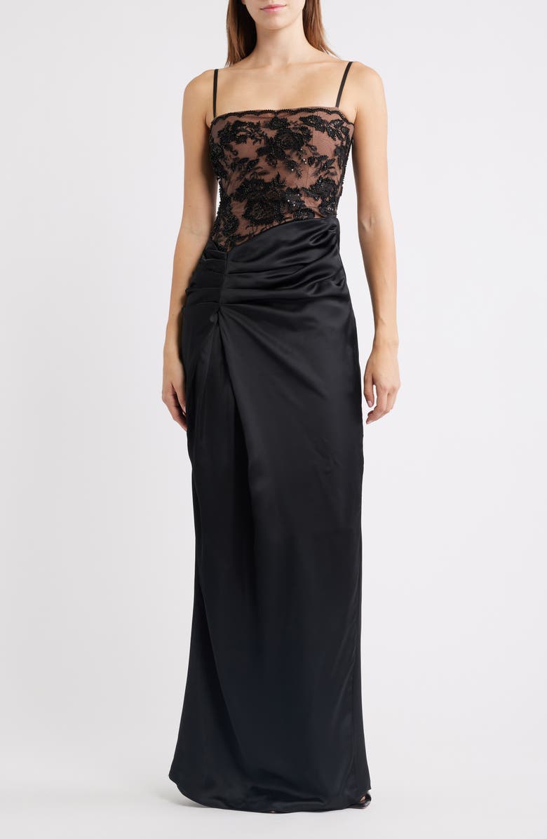 HOUSE OF CB Eliette Lace & Satin Column Gown, Main, color, Black