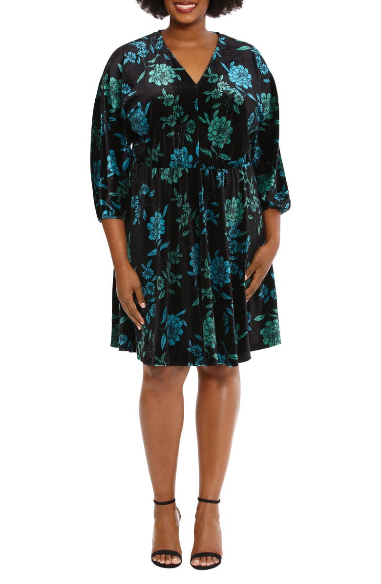 London Times Floral Velvet Fit & Flare Dress, Main, color, 