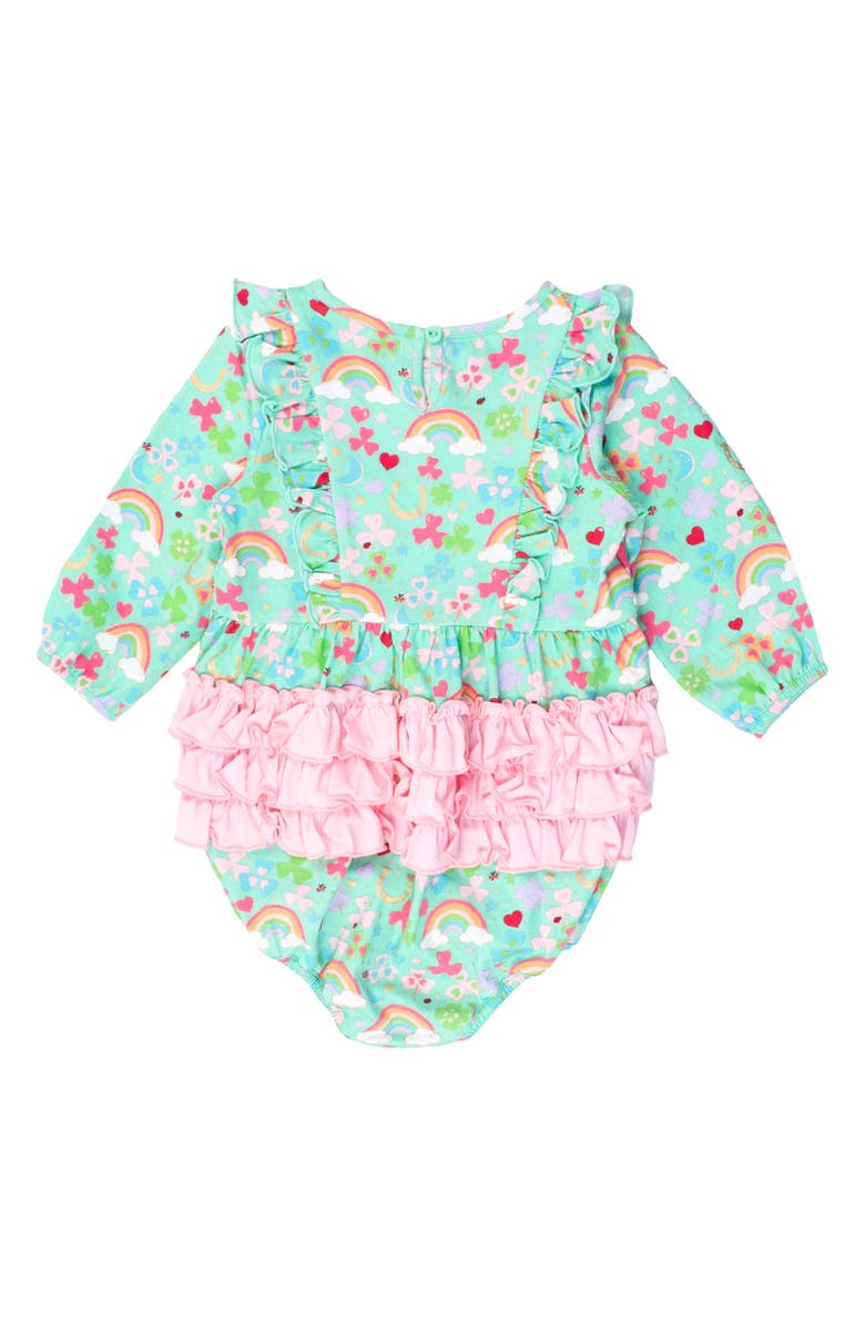 RuffleButts Lucky Day Clover Print Cotton Skirted Bodysuit, Alternate, color, 