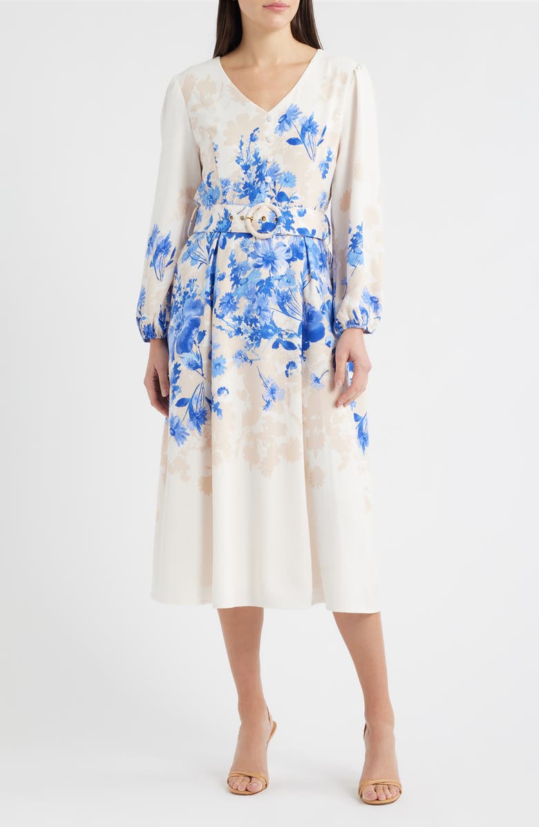Tahari ASL Placed Floral Long Sleeve Dress, Main, color, Ivory Blue