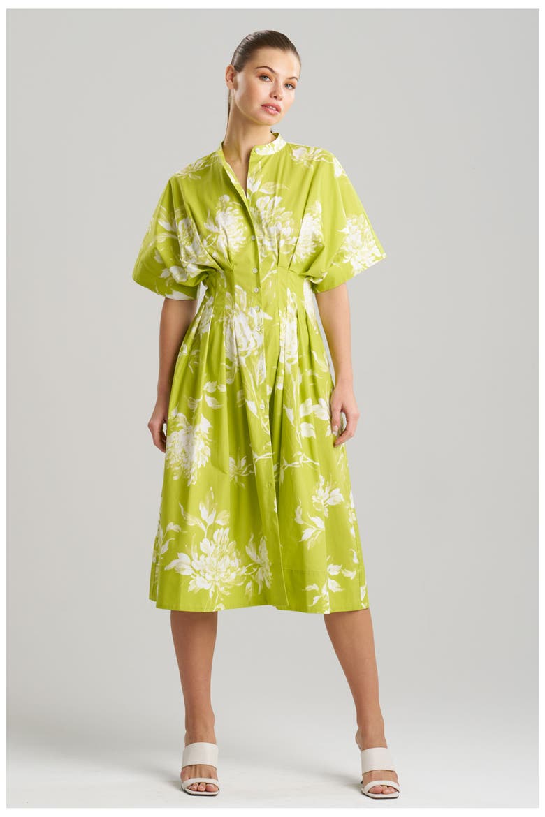 Miykao - Printed Cotton Poplin Pleat Release Button Down Dress, Main, color, CHARTREUSE