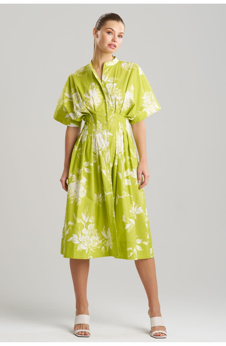 Natori Miykao - Printed Cotton Poplin Pleat Release Button Down Dress, Main, color, Chartreuse