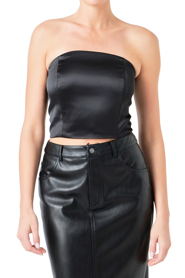 Strapless Satin Crop Top, Alternate, color, BLACK