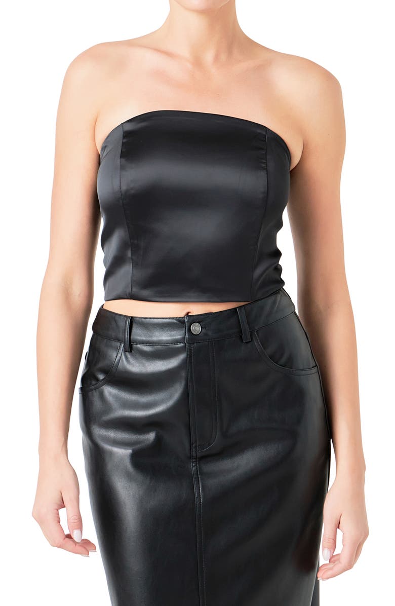 Endless Rose Strapless Satin Crop Top, Alternate, color, Black