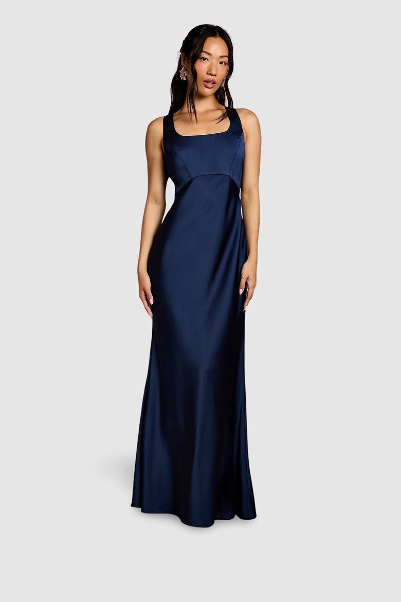 Square Neck Satin Bow Dress, Main, color, Navy