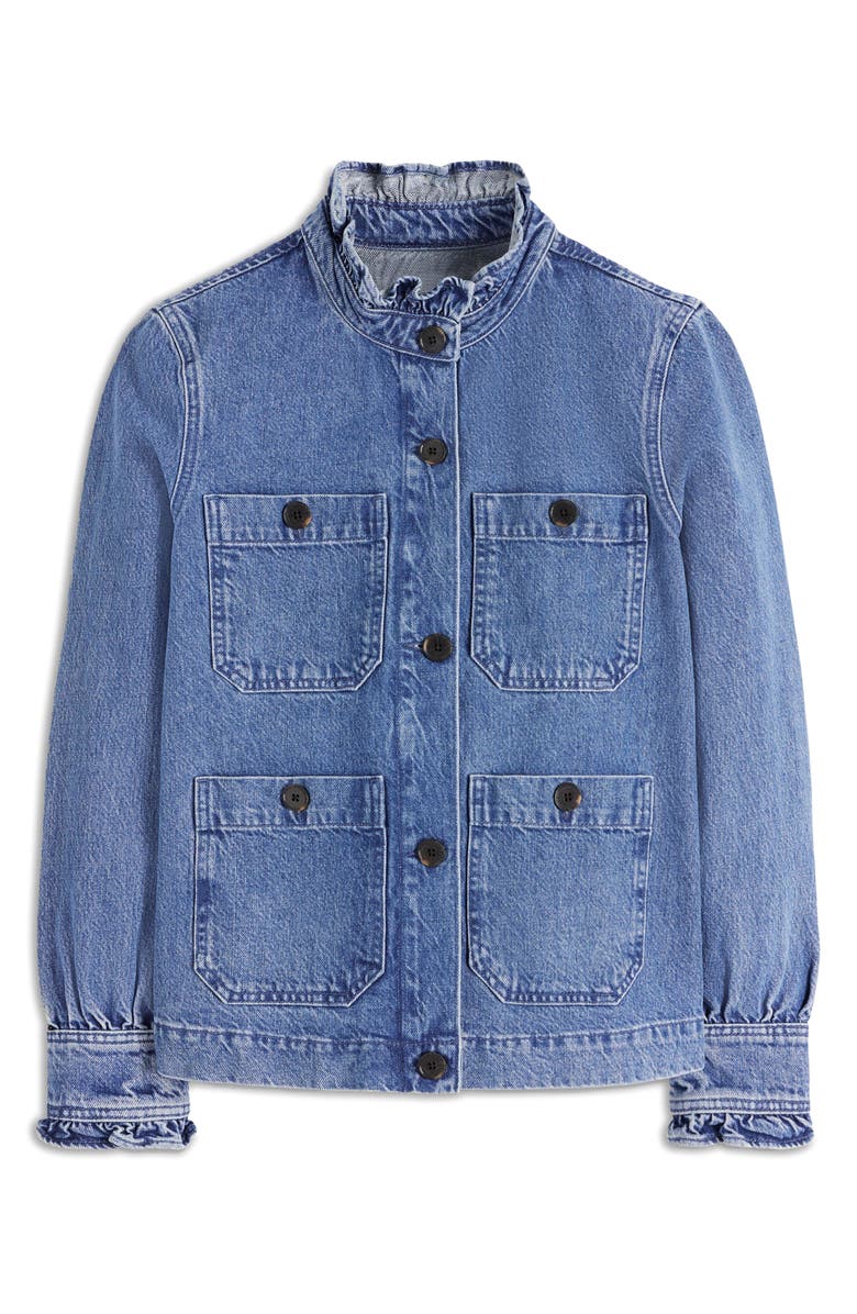 Boden Frill Detail Denim Jacket, Alternate, color, Mid Wash