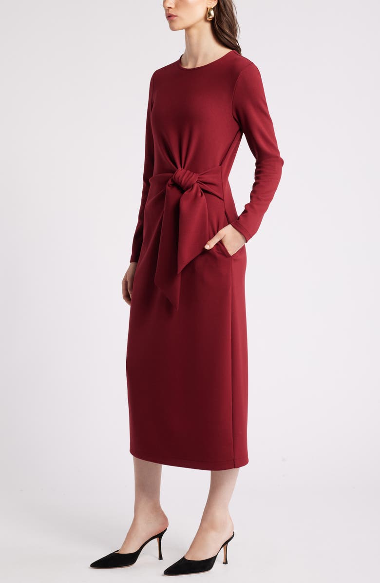 Nordstrom Tie Waist Long Sleeve Knit Midi Dress, Alternate, color, Red Grape