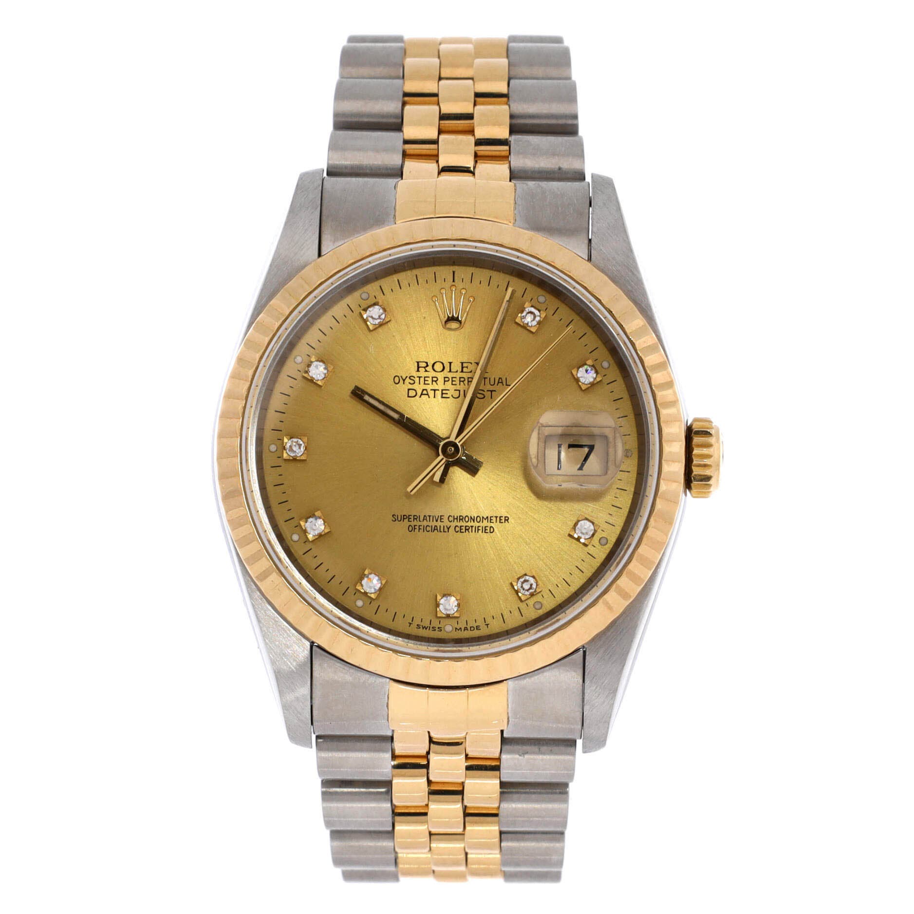Oyster Perpetual Datejust Automatic Watch Stainless Steel and Yellow Gold with Diamond Markers 36, Main, color, Metallic Silver