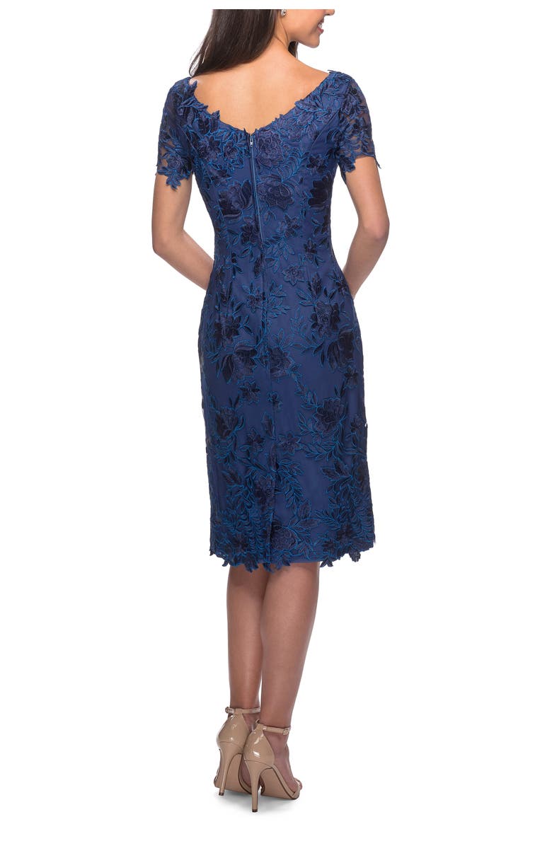 La Femme Short Sleeve Knee Length Lace Dress with V-Neck, Alternate, color, Navy