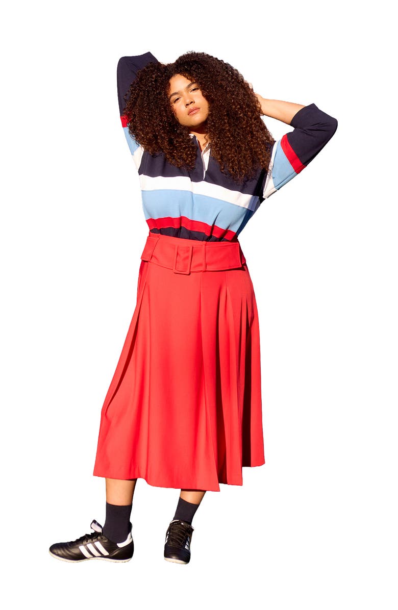 ELOQUII Pleated Belted Midi Skirt, Main, color, Red