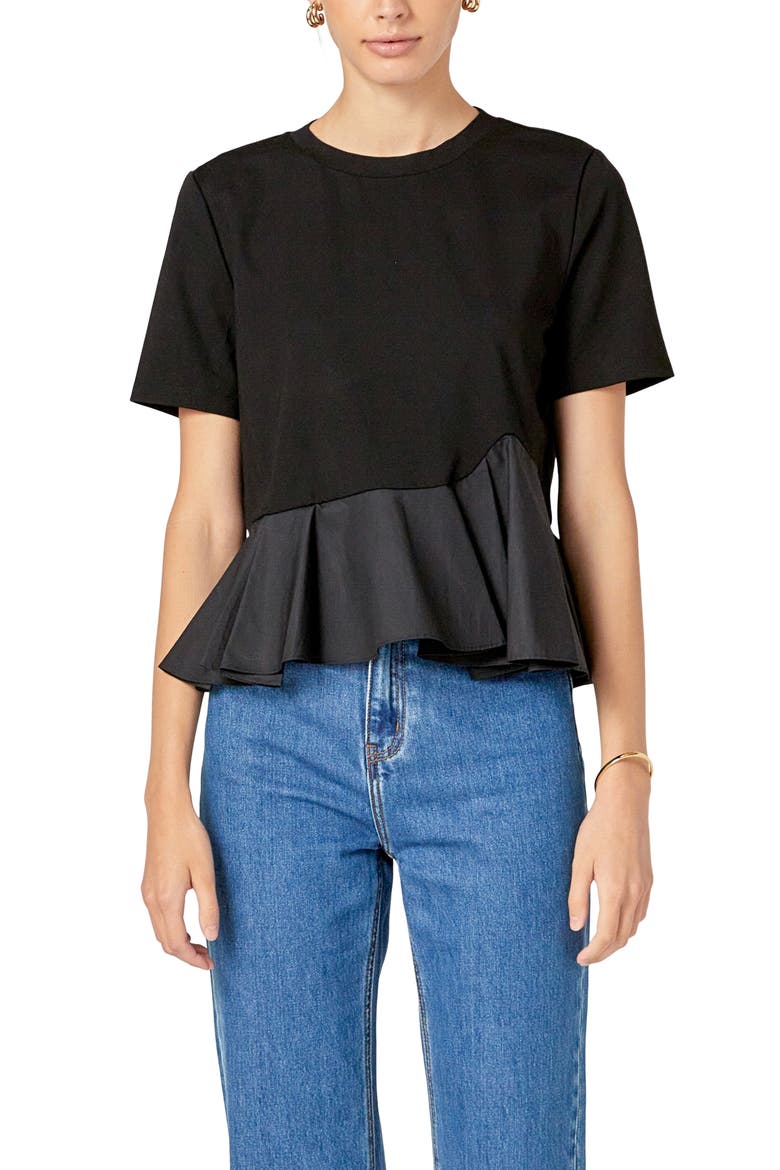 Mixed Media Ruffle Top, Main, color, BLACK
