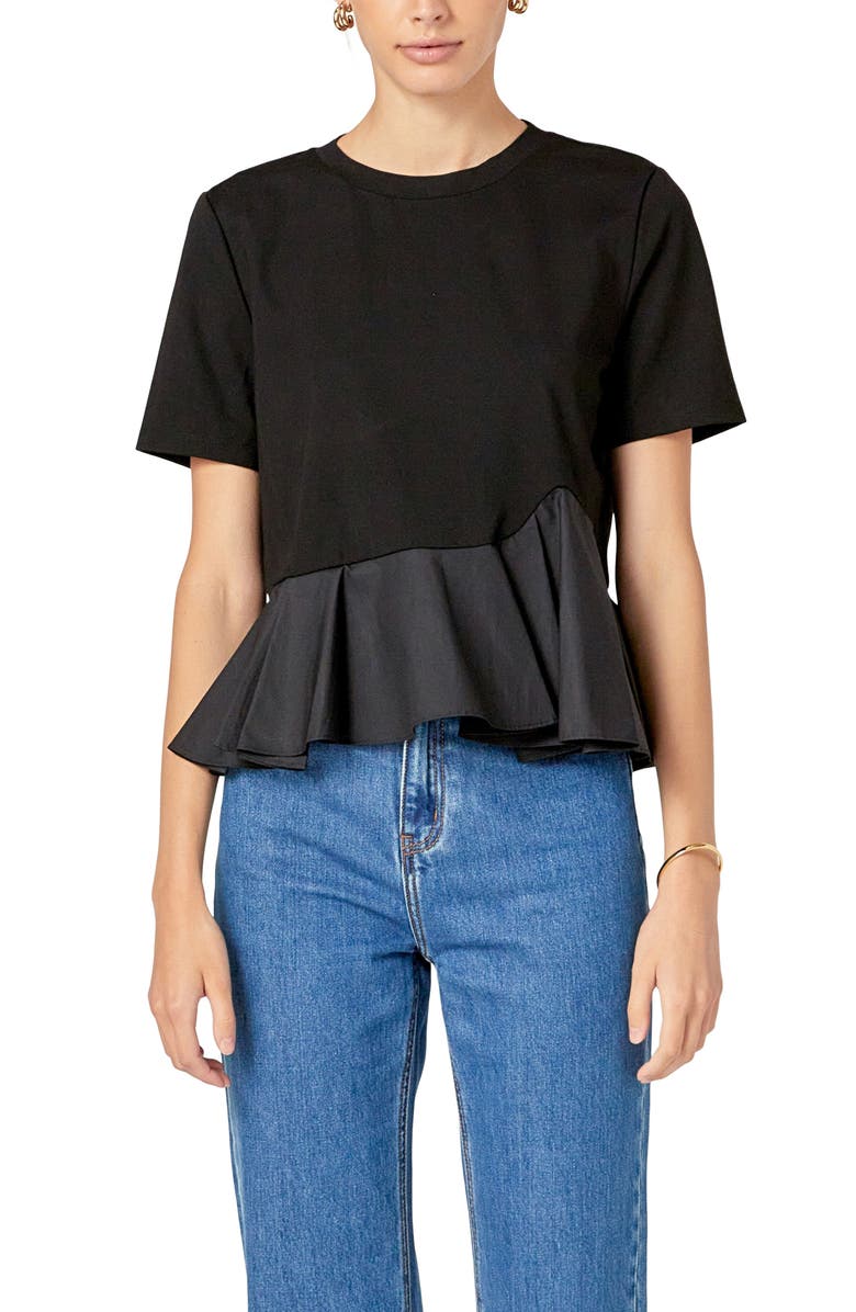 English Factory Mixed Media Ruffle Top, Main, color, Black