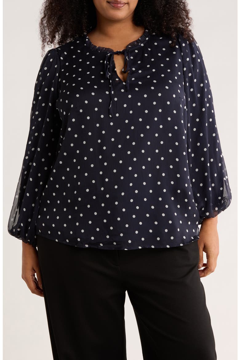 Ruffle Long Sleeve Top, Main, color, NAVY/ IVORY TIMELESS DOT