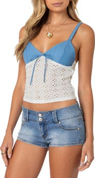 EDIKTED Denim & Eyelet Crop Camisole