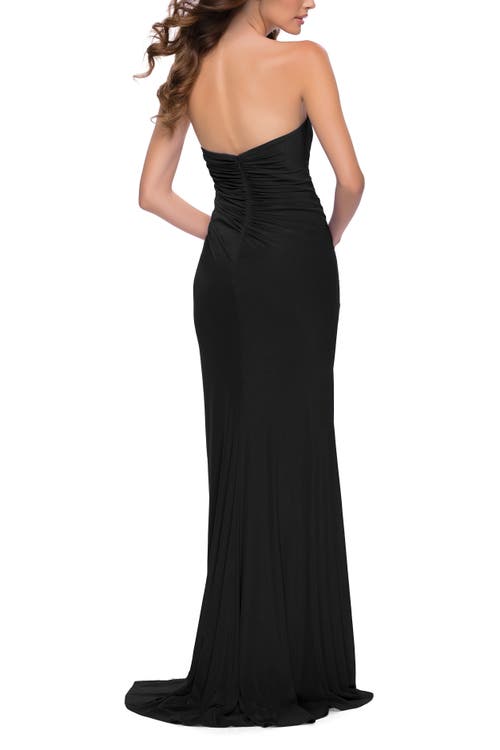 La Femme Strapless Jersey Dress With Ruching And Skirt Slit In Black