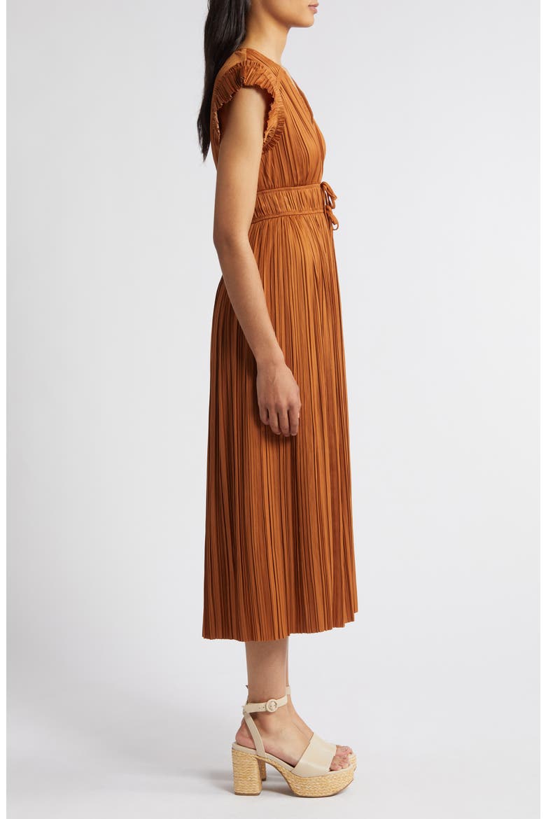 Pleated Tie Waist Midi Dress, Alternate, color, COPPER