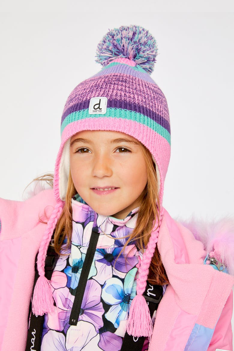 Winter Peruvian Jacquard Fleece-Lined Pompom Knit Hat, Alternate, color, Mauve and Blue Jacquard