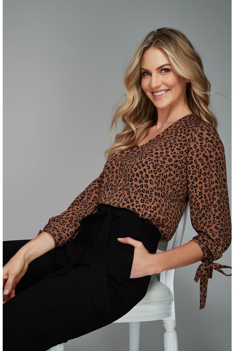 Leopard Cluster Tie Sleeve Blouse, Alternate, color, SPICEWOOD