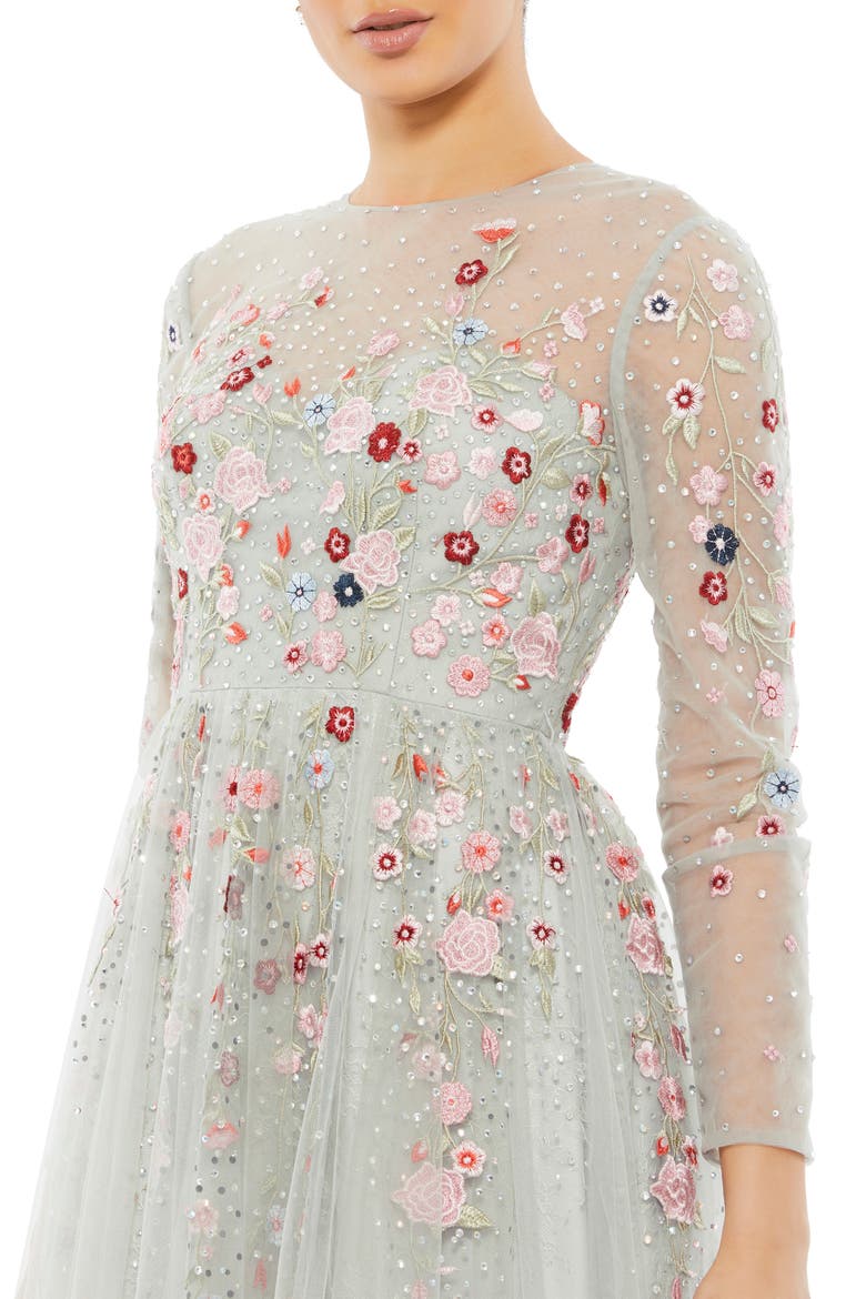 Embroidered Illusion High Neck Long Sleeve A Line Gown, Alternate, color, PLATINUM MULTI