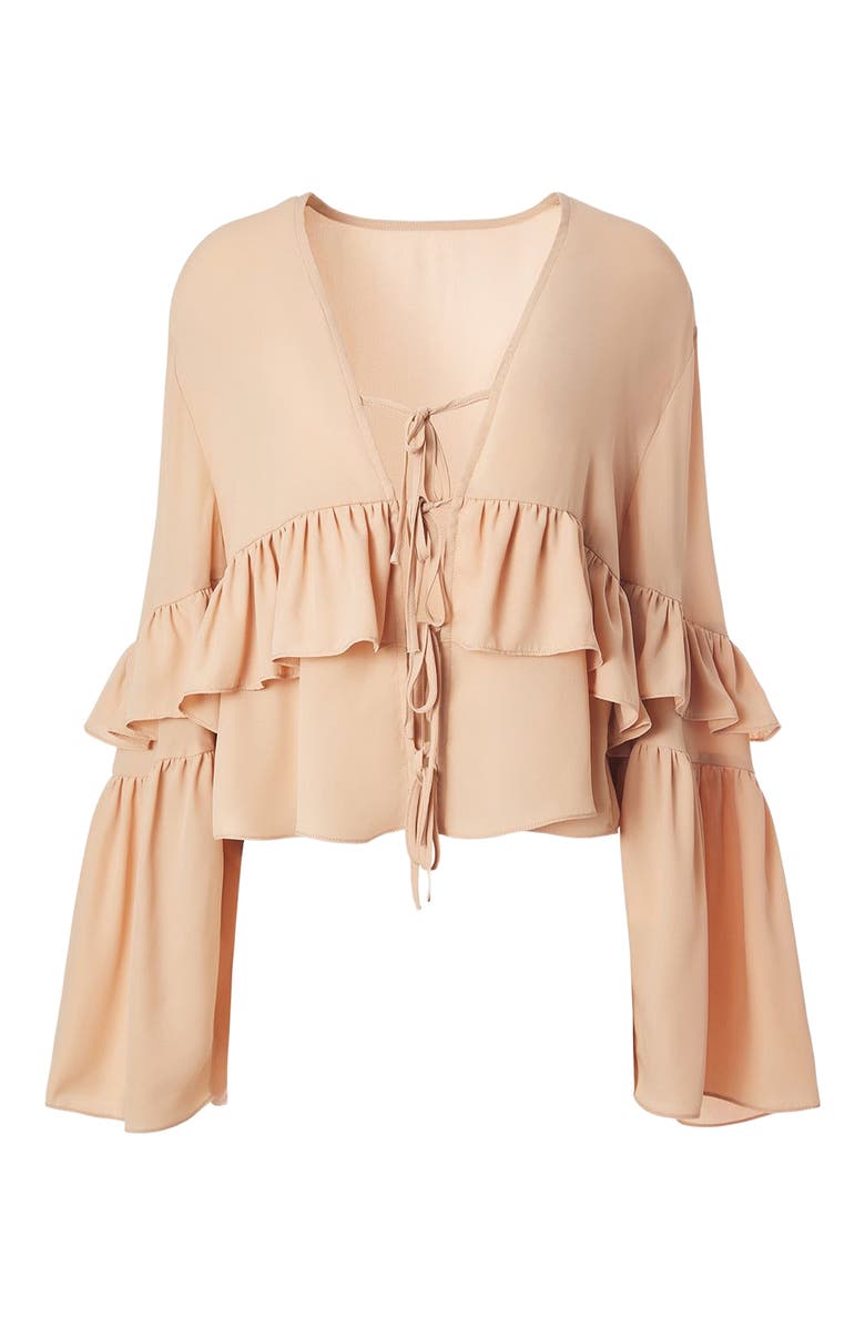 WeWoreWhat Ruffle Tie Front Top, Alternate, color, Almond