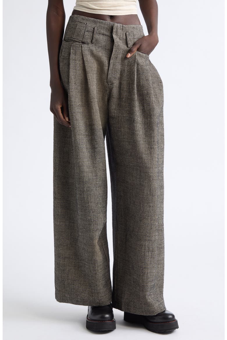 Triple Pleat Linen & Wool Wide Leg Pants, Main, color, KHAKI BLACK MINI HOUNDSTOOTH