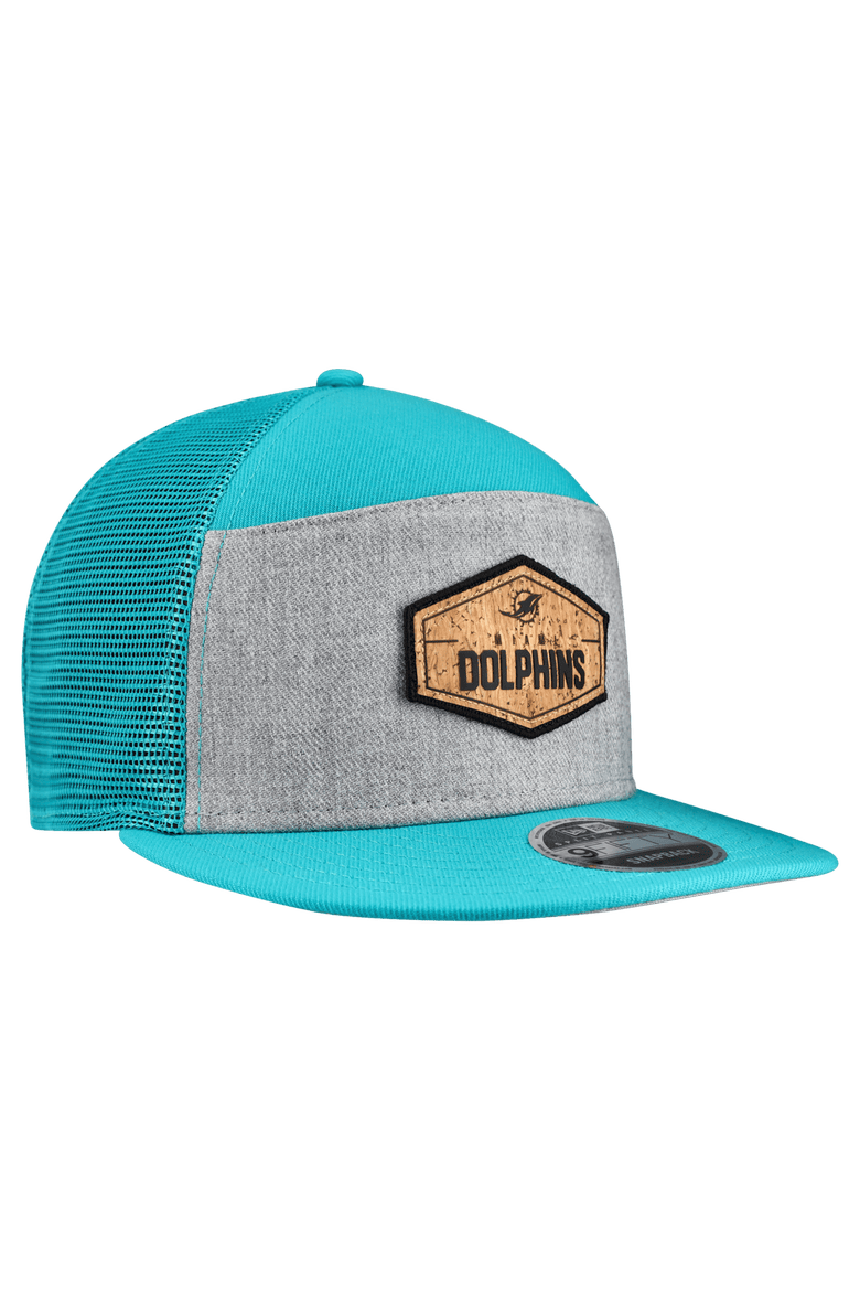 Men's New Era  Gray/Aqua Miami Dolphins Cork Split Panel 9FIFTY Trucker Snapback Hat, Alternate, color, Gray