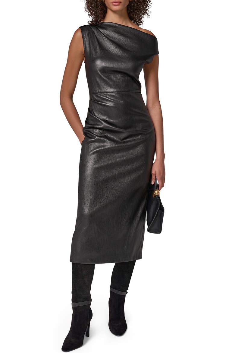 Asymmetric Drape Faux Leather Midi Dress, Alternate, color, BLACK