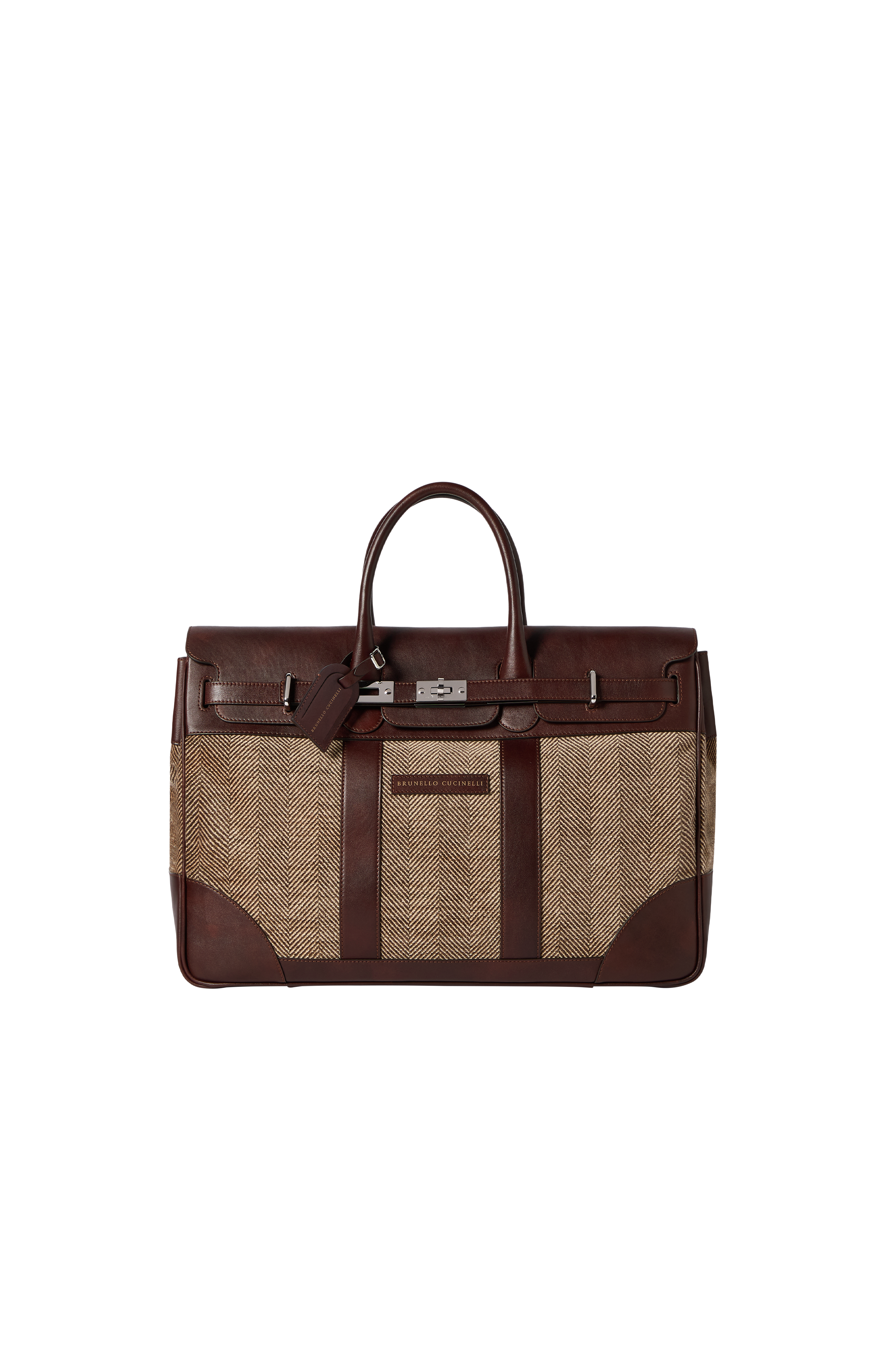 Brunello Cucinelli Burnished calfskin and chevron-effect techno fabric country bag, Alternate, color, Brown