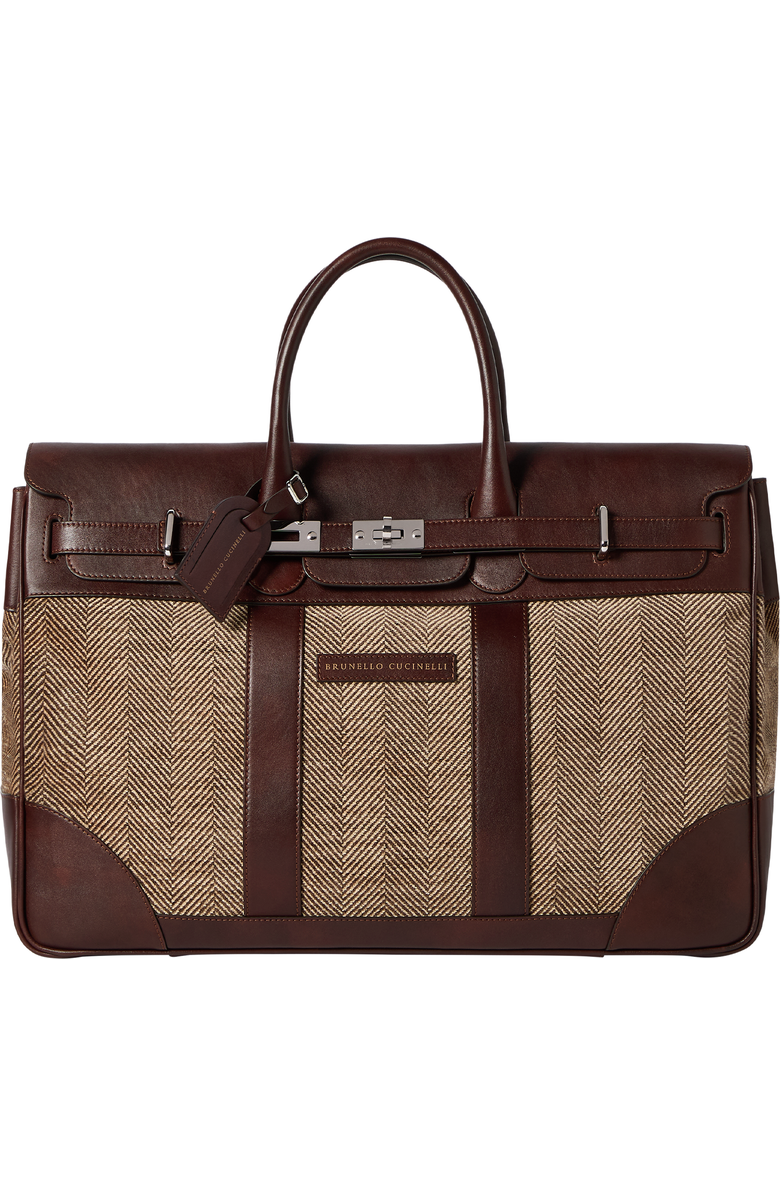 Brunello Cucinelli Burnished calfskin and chevron-effect techno fabric country bag, Alternate, color, Brown