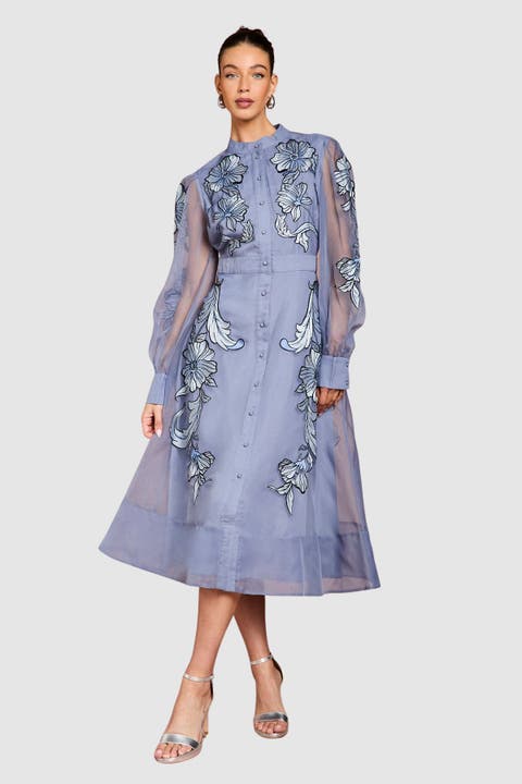 Embroidered Sheer Sleeve Midi Dress