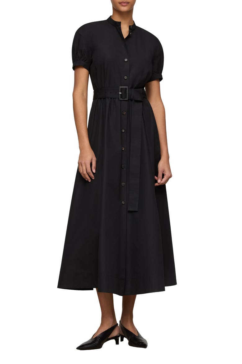 Puff Sleeve Belted Cotton Poplin Shirt Dress, Main, color, BLACK