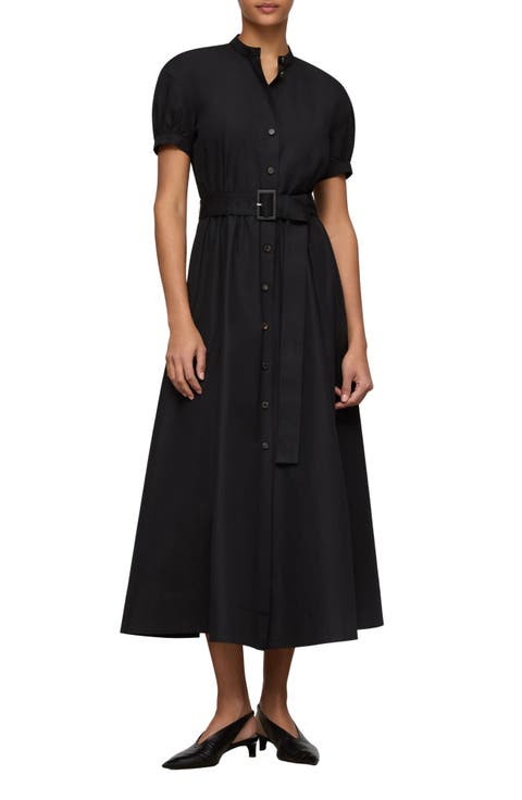 Puff Sleeve Belted Cotton Poplin Shirt Dress