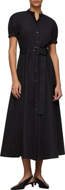Lafayette 148 New York Puff Sleeve Belted Cotton Poplin Shirt Dress