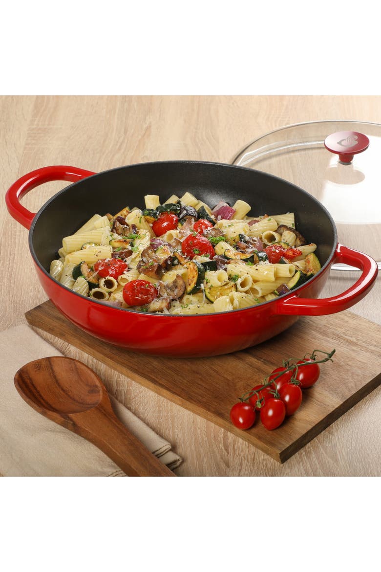 5 Quart Enameled Cast Iron Multi-Use Everday Pan With Borosilicate Lid, Alternate, color, Red