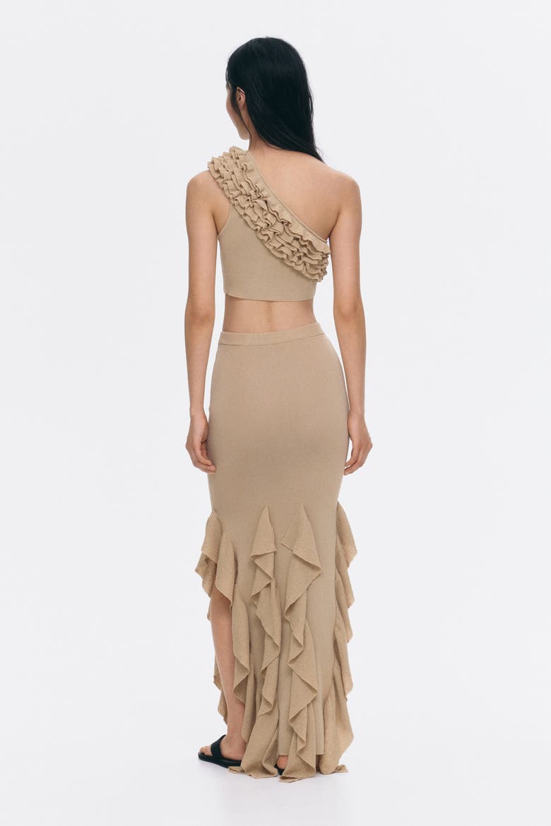 Ruffled One-shoulder Crop Top, Alternate, color, Beige