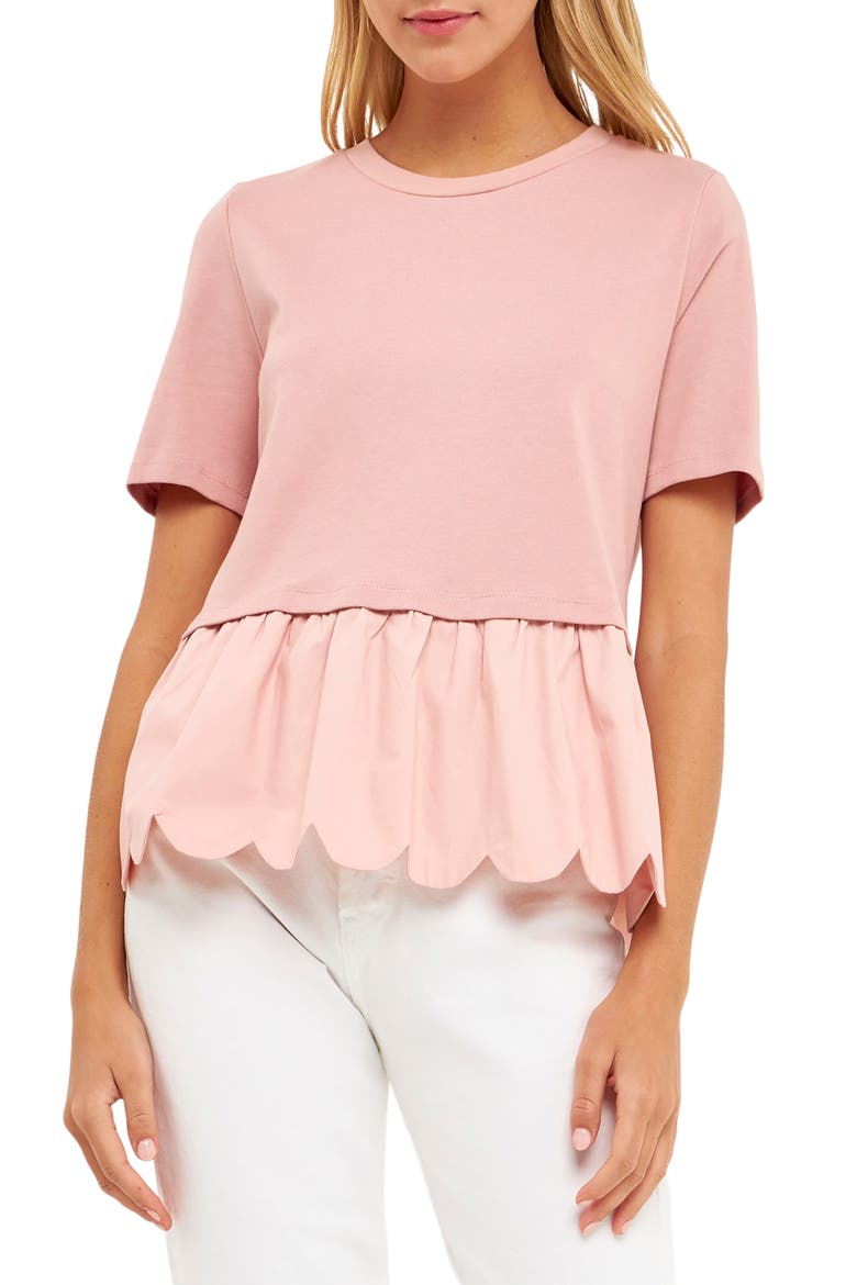 Mixed Media Scallop Peplum Cotton Top, Main, color, DUSTY PINK
