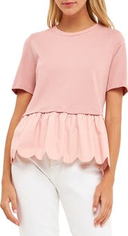 English Factory Mixed Media Scallop Peplum Cotton Top