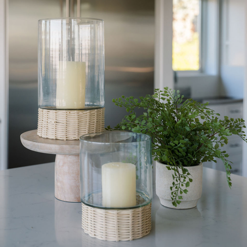 Cg Hunter Clear Glass And Rattan Candleholder In Brown