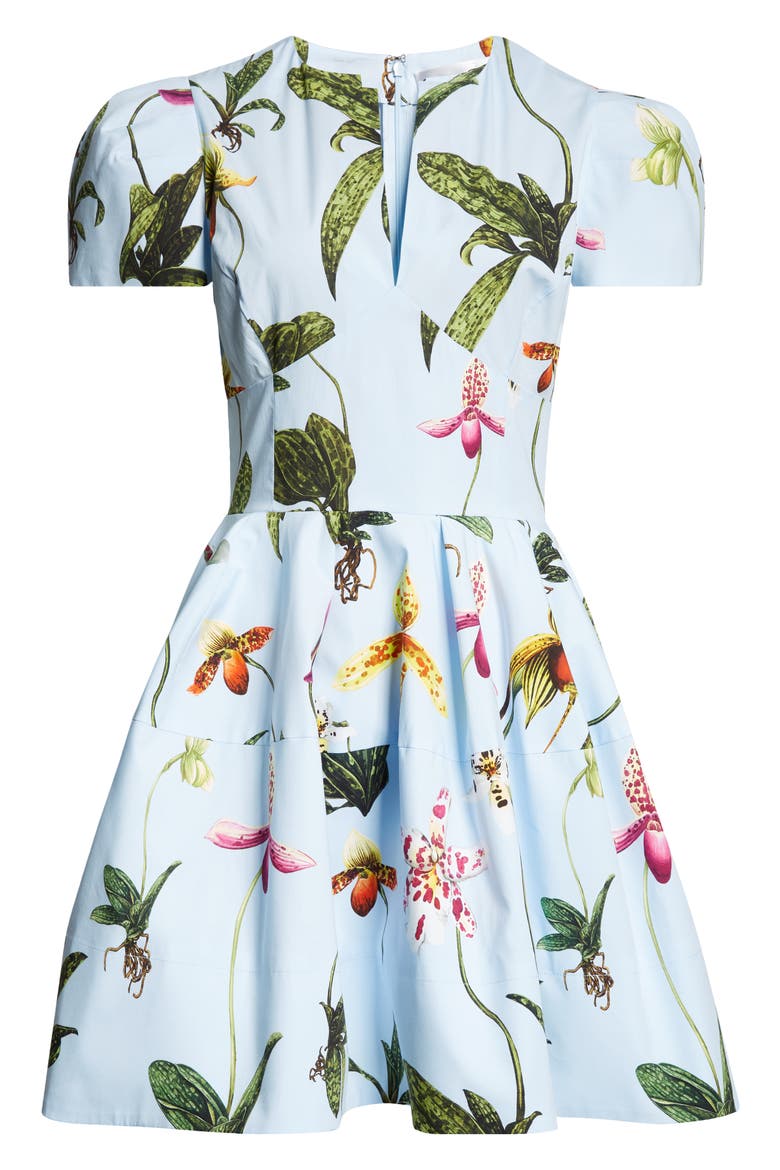 Orchid Print Puff Short Sleeve Dress, Alternate, color, LIGHT BLUE MULTI