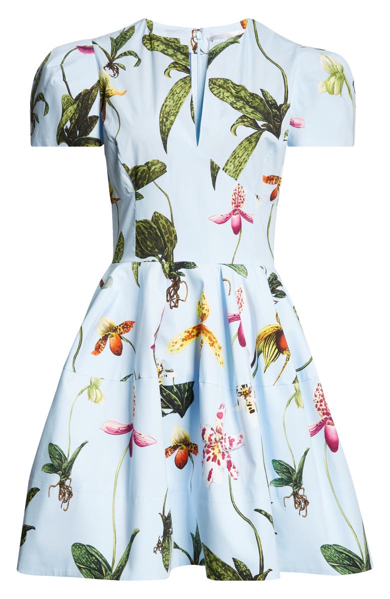 Oscar de la Renta Orchid Print Puff Short Sleeve Dress, Alternate, color,