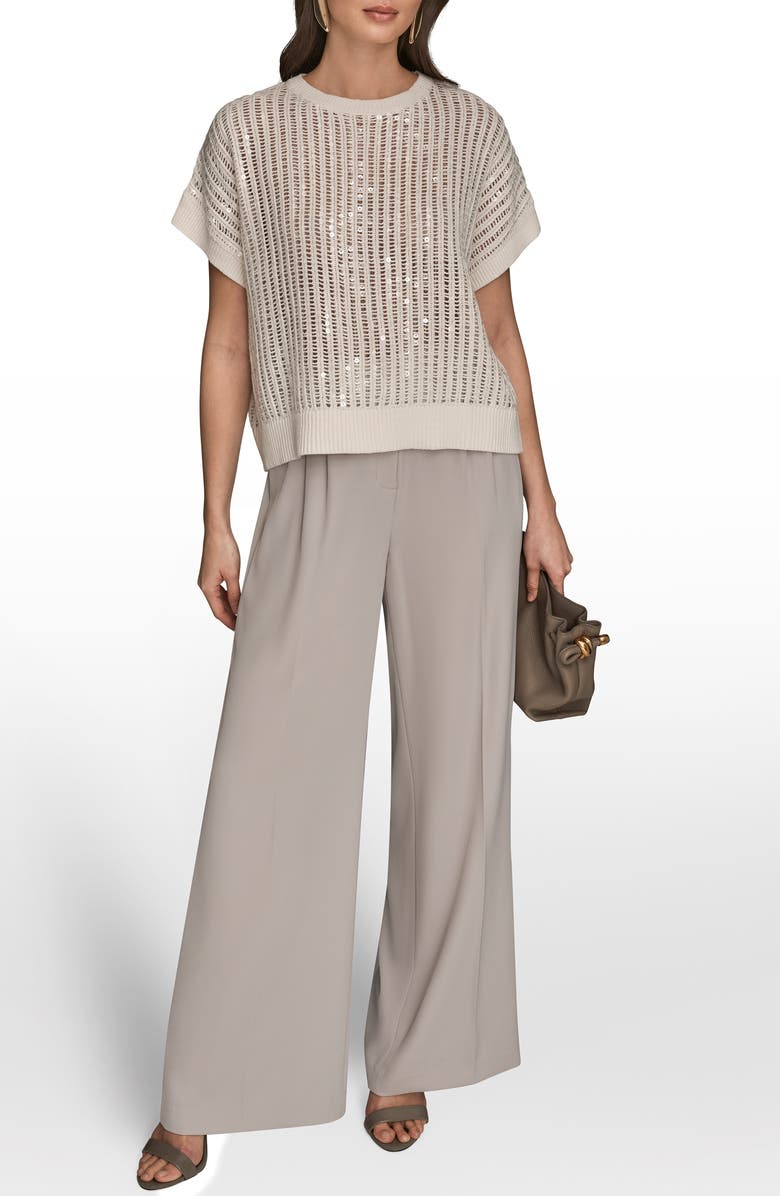 Donna Karan New York Sequin Open Stitch Short Sleeve Sweater, Alternate, color, Cream