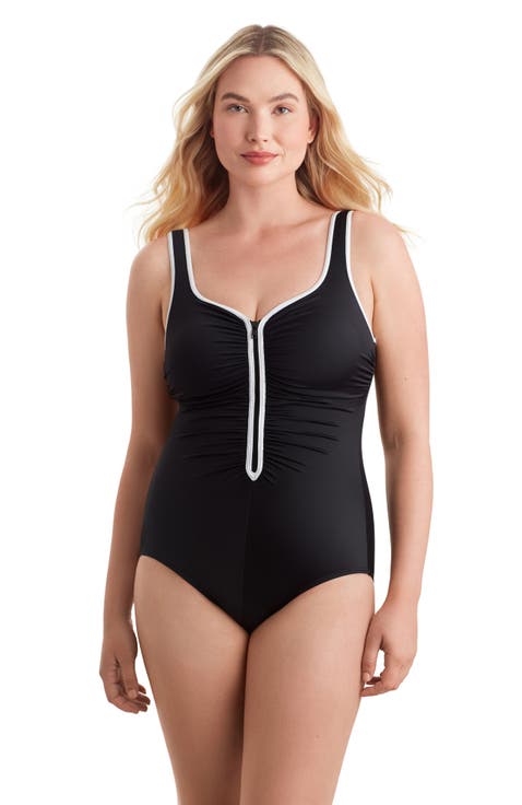 Shirred Zipper Tank Chlorine Resistant One-Piece Swimsuit