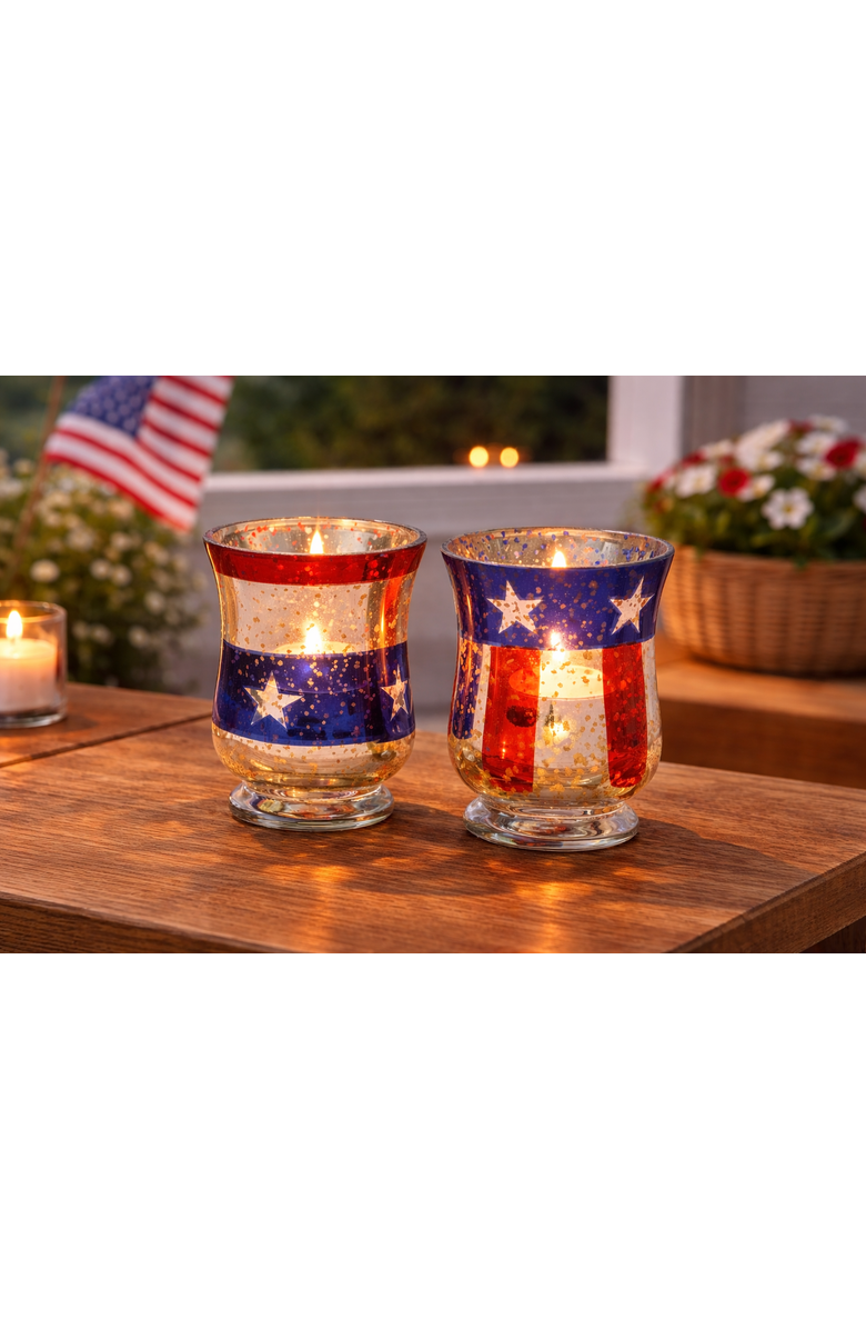 C&F Home Stars & Stripes Set of 2 Glass Votive Candle Holders 4.7", Alternate, color, Red
