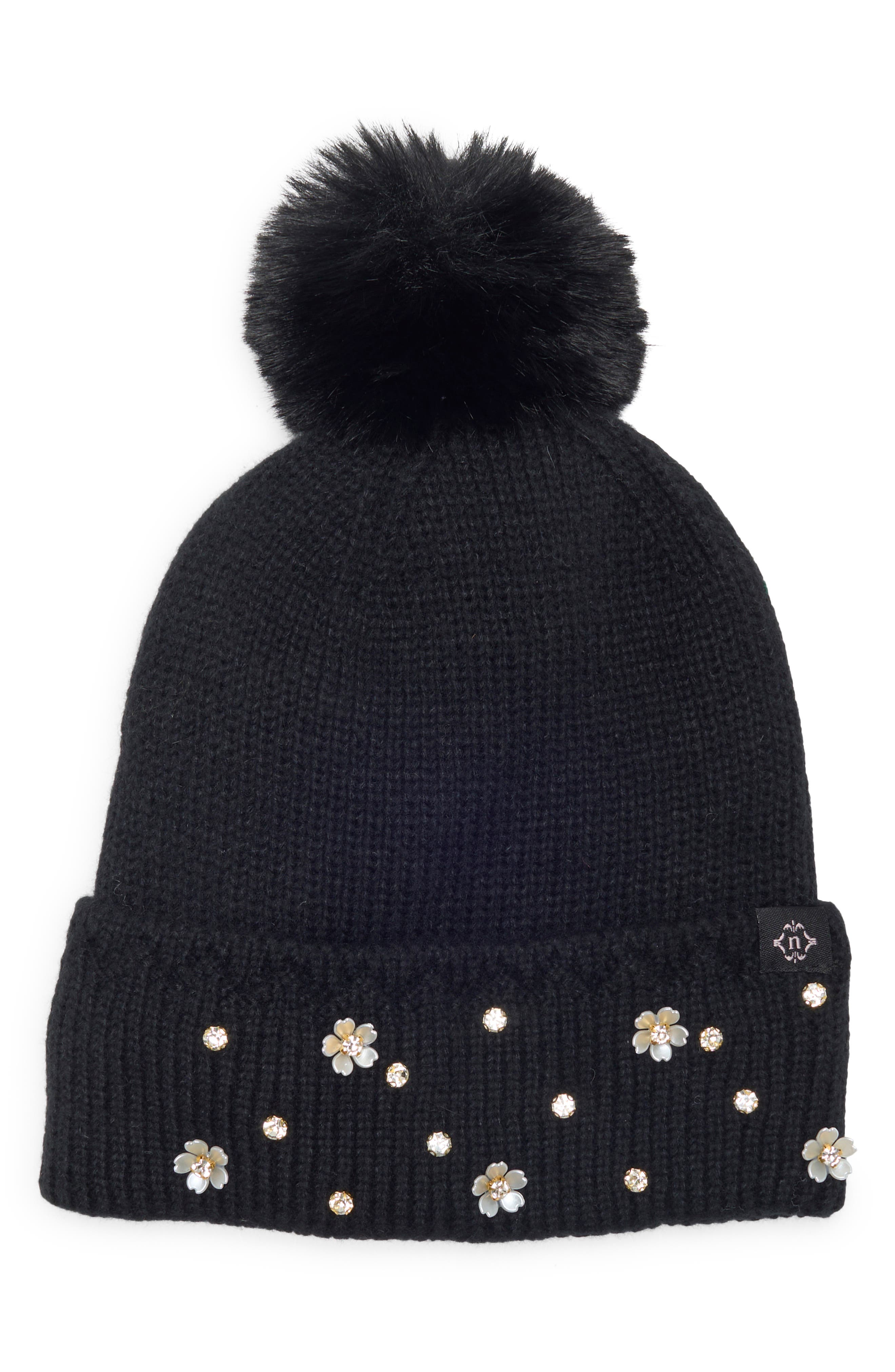 Star & Floral Studded Pom Beanie