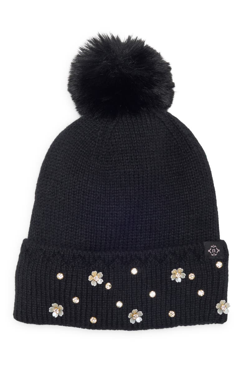 Star & Floral Studded Pom Beanie, Main, color, BLACK