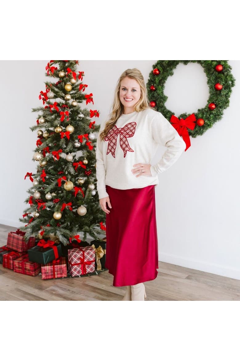 Christmas Plaid Bow Patch Women's Sweatshirt, Alternate, color, Natural