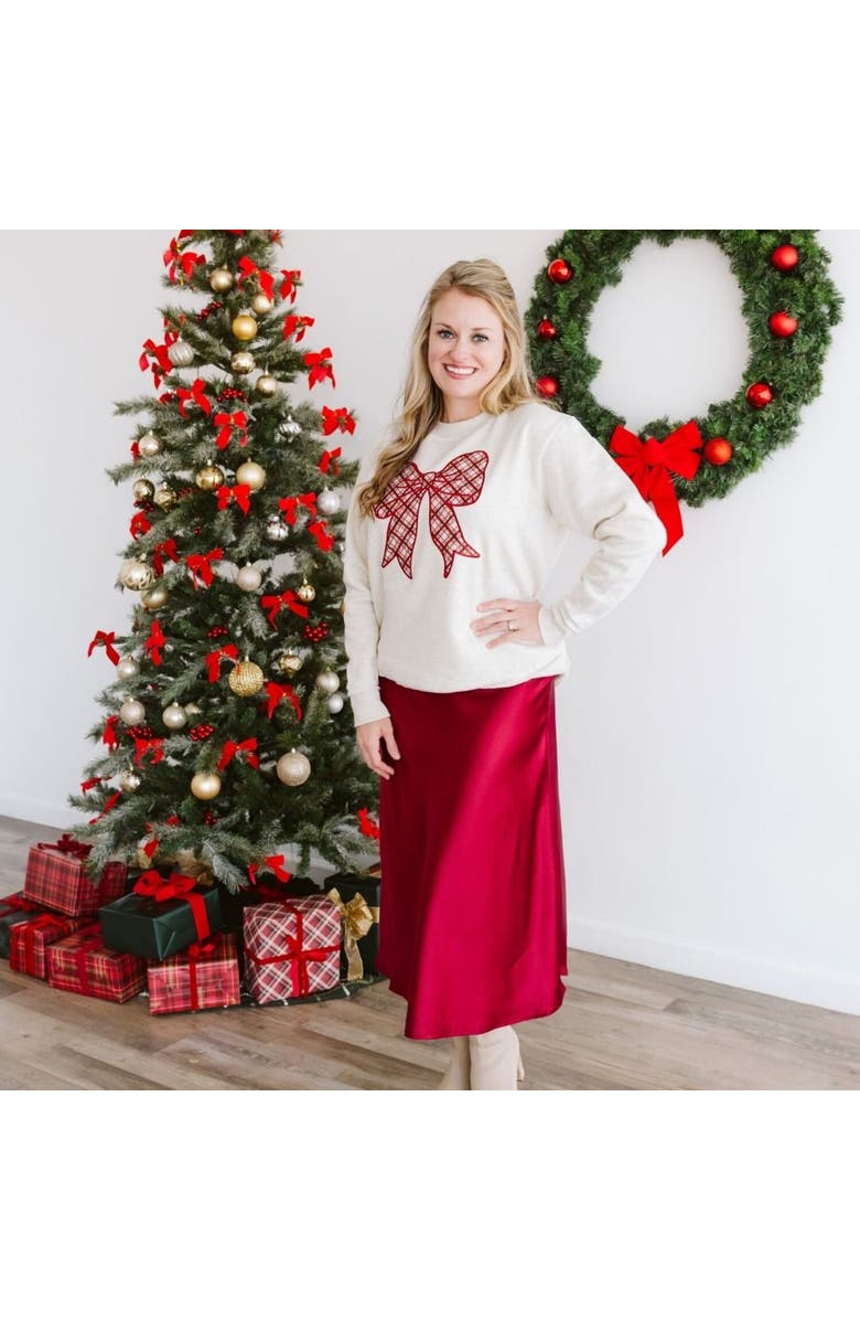 Sweet Wink Christmas Plaid Bow Patch Women's Sweatshirt, Alternate, color, Natural