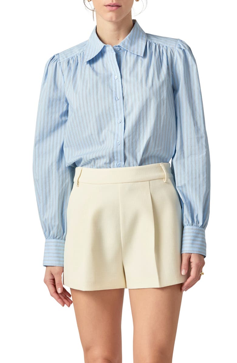 English Factory Stripe Gathered Seam Button-Up Shirt, Main, color, 