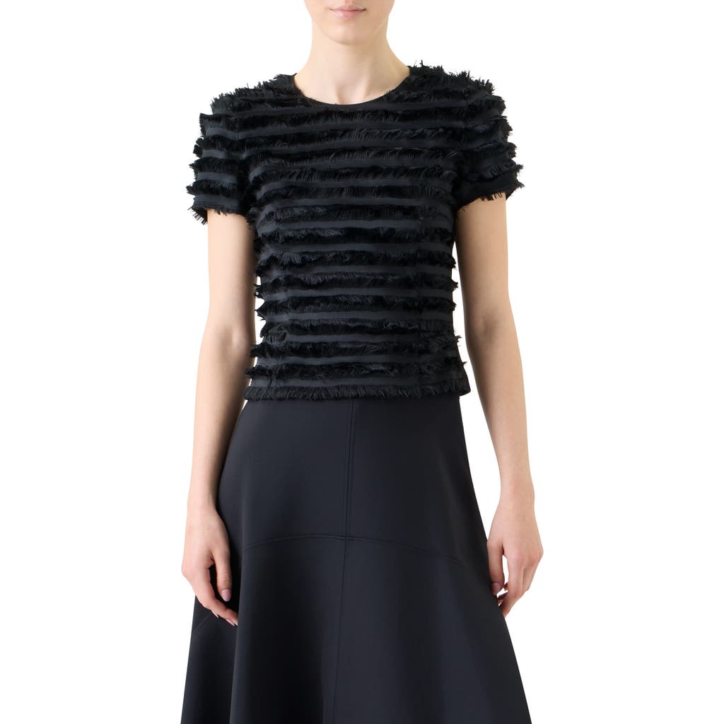Akris Punto Striped Fringe Short-sleeve Fitted Top In Black