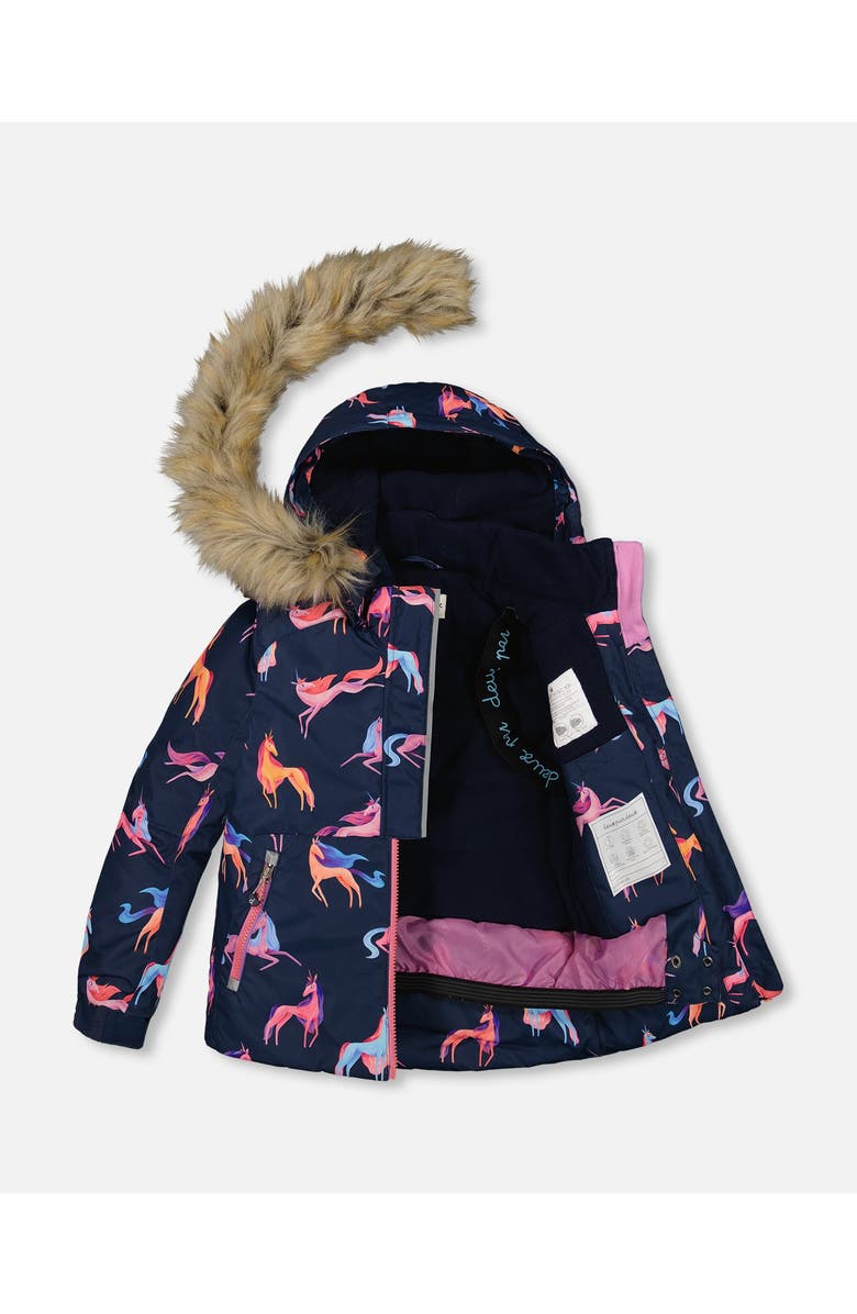 Deux par Deux Little Girl's Two Piece Snowsuit Navy Printed Unicorns And Coral, Alternate, color, 